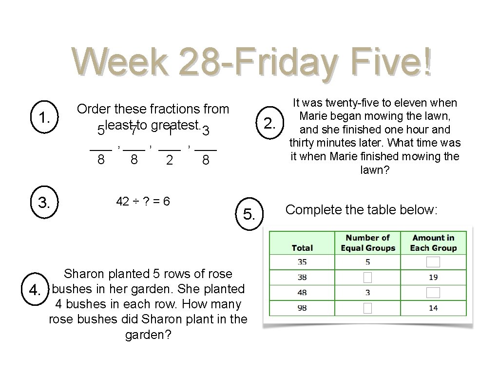 Week 28 -Friday Five! 1. 3. 4. Order these fractions from 5 least to