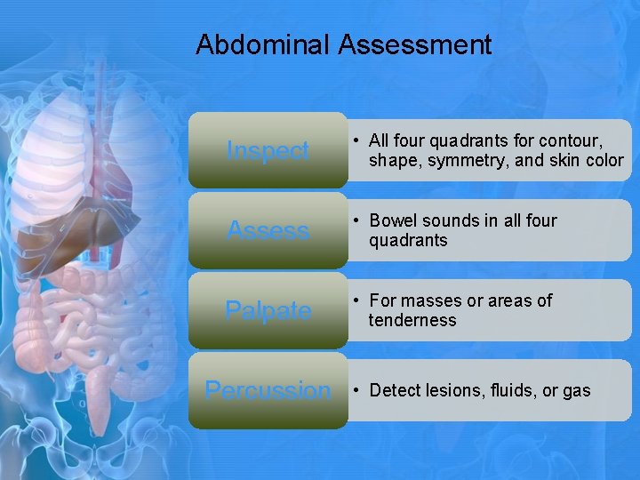 Abdominal Assessment Inspect • All four quadrants for contour, shape, symmetry, and skin color