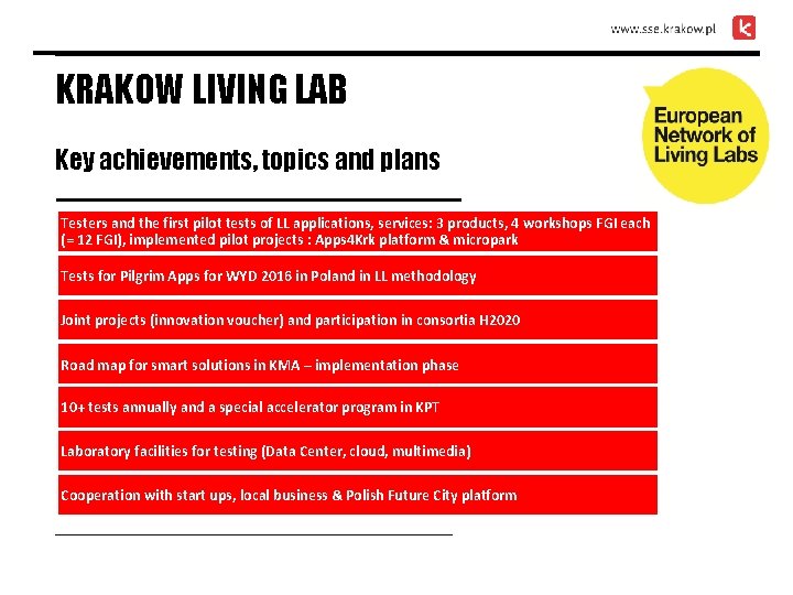 KRAKOW LIVING LAB Key achievements, topics and plans Testers and the first pilot tests