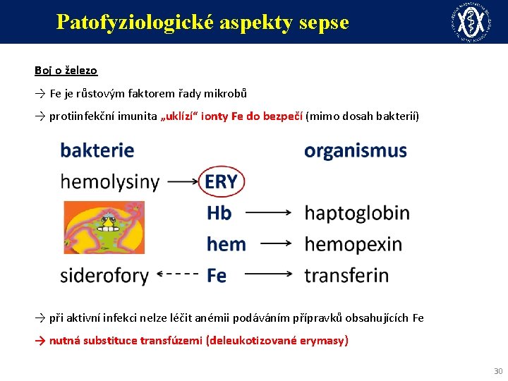 Patofyziologické aspekty sepse Boj o železo → Fe je růstovým faktorem řady mikrobů →