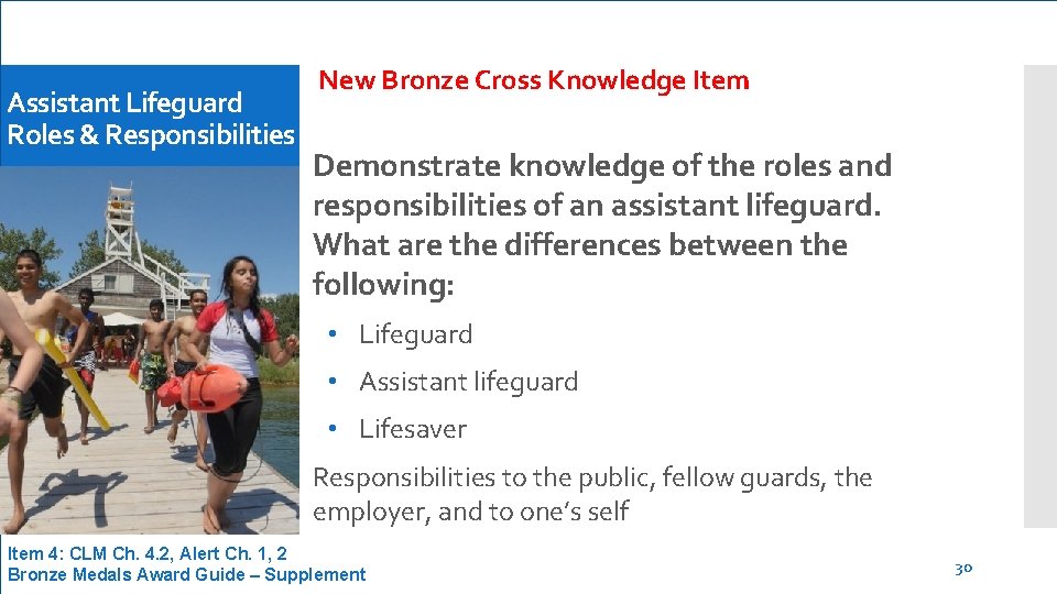 Assistant Lifeguard Roles & Responsibilities New Bronze Cross Knowledge Item Demonstrate knowledge of the