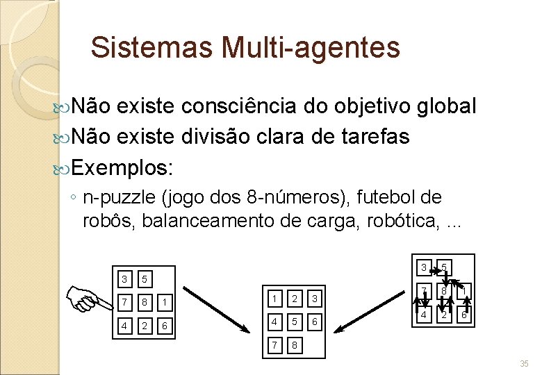 Sistemas Multi-agentes Não existe consciência do objetivo global Não existe divisão clara de tarefas