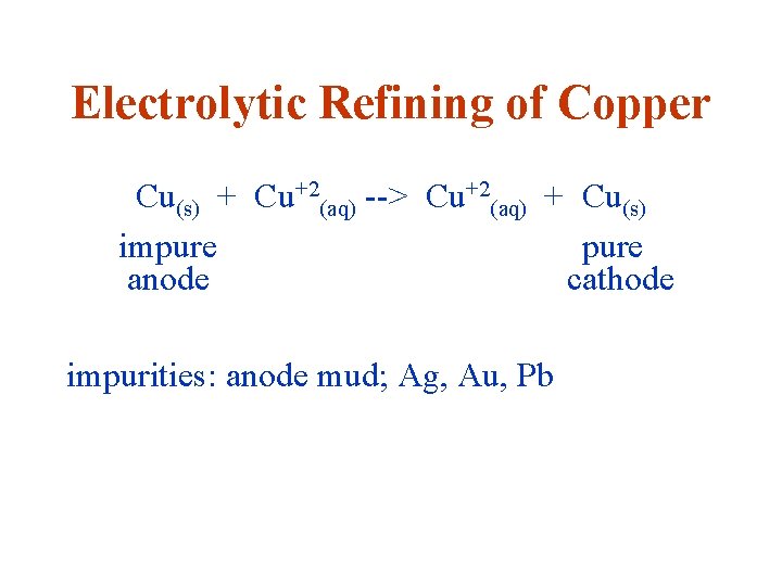 Electrolytic Refining of Copper Cu(s) + Cu+2(aq) --> Cu+2(aq) + Cu(s) impure anode cathode