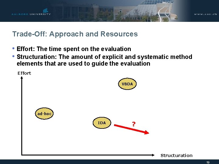 Trade-Off: Approach and Resources • Effort: The time spent on the evaluation • Structuration: