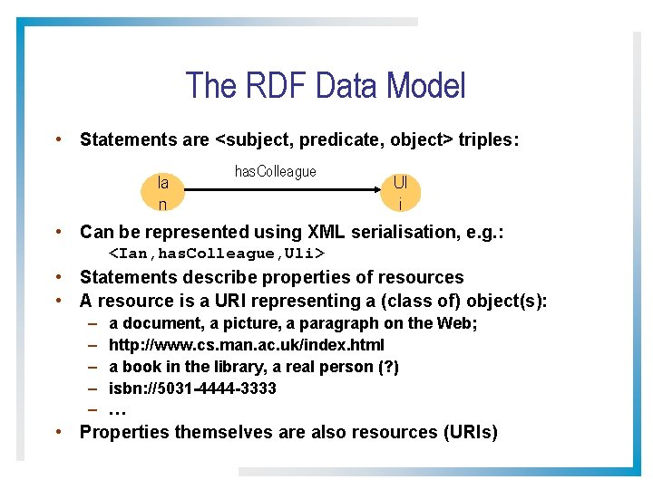 The RDF Data Model • Statements are <subject, predicate, object> triples: Ia n has.