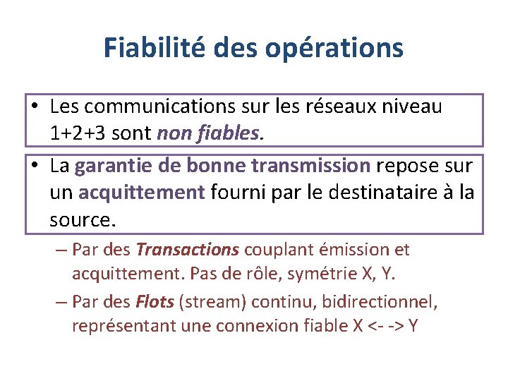 Fiabilité des opérations • Les communications sur les réseaux niveau 1+2+3 sont non fiables.