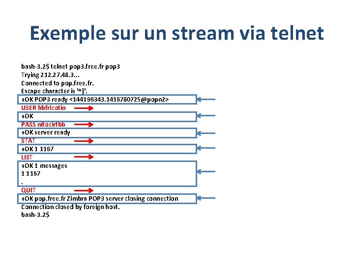 Exemple sur un stream via telnet bash-3. 2$ telnet pop 3. free. fr pop
