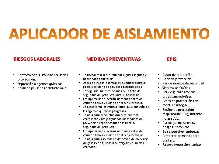 RIESGOS LABORALES • Contacto con sustancias cáusticas o corrosivas. • Exposición a agentes químicos.
