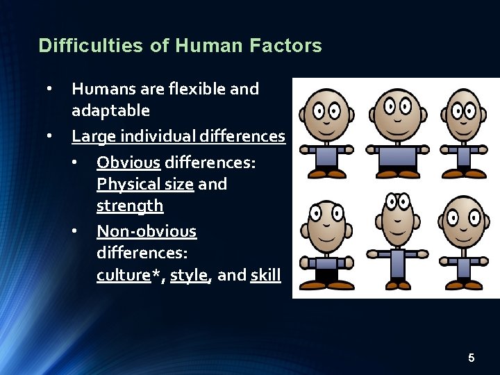 Difficulties of Human Factors • • Humans are flexible and adaptable Large individual differences