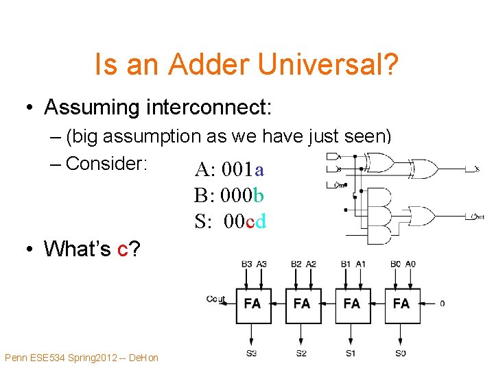 Is an Adder Universal? • Assuming interconnect: – (big assumption as we have just