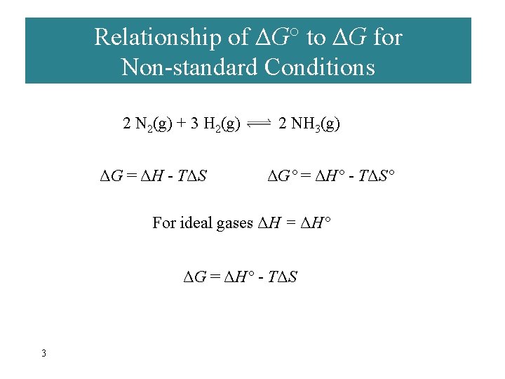 Relationship of ΔG° to ΔG for Non-standard Conditions 2 N 2(g) + 3 H