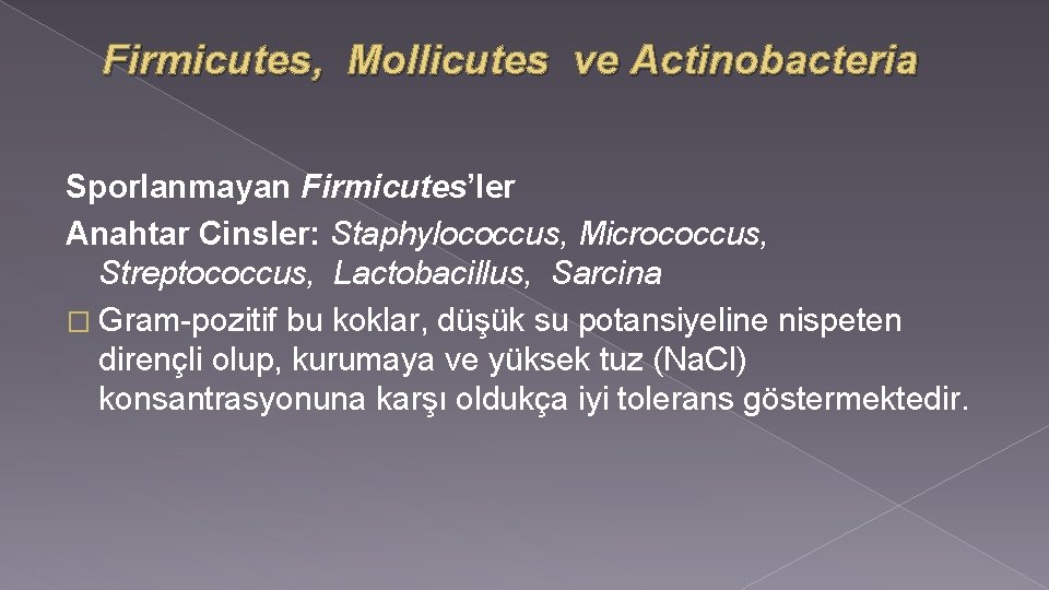 Firmicutes, Mollicutes ve Actinobacteria Sporlanmayan Firmicutes’ler Anahtar Cinsler: Staphylococcus, Micrococcus, Streptococcus, Lactobacillus, Sarcina �