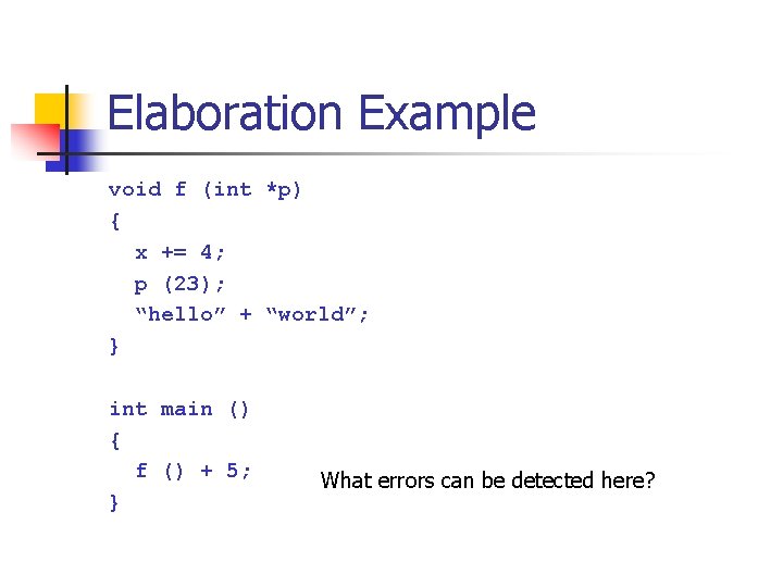 Elaboration Example void f (int *p) { x += 4; p (23); “hello” +