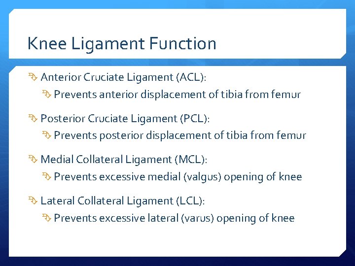 Knee Ligament Function Anterior Cruciate Ligament (ACL): Prevents anterior displacement of tibia from femur