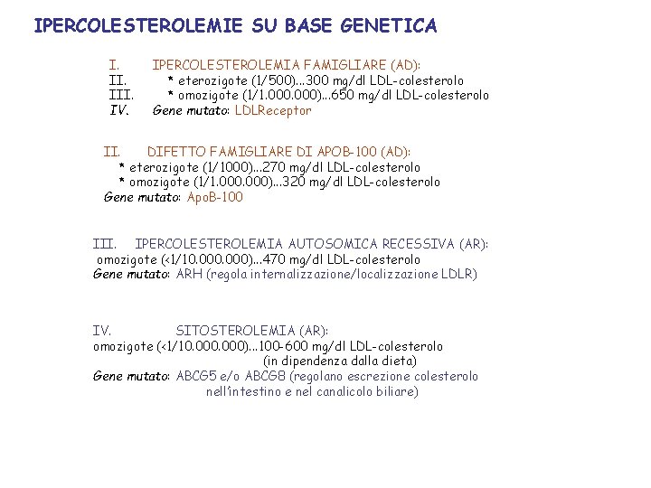 IPERCOLESTEROLEMIE SU BASE GENETICA I. III. IV. IPERCOLESTEROLEMIA FAMIGLIARE (AD): * eterozigote (1/500). .