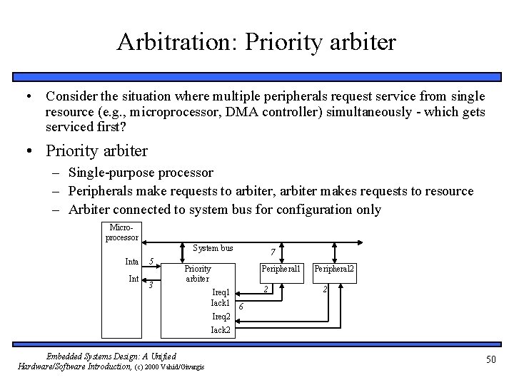 Arbitration: Priority arbiter • Consider the situation where multiple peripherals request service from single