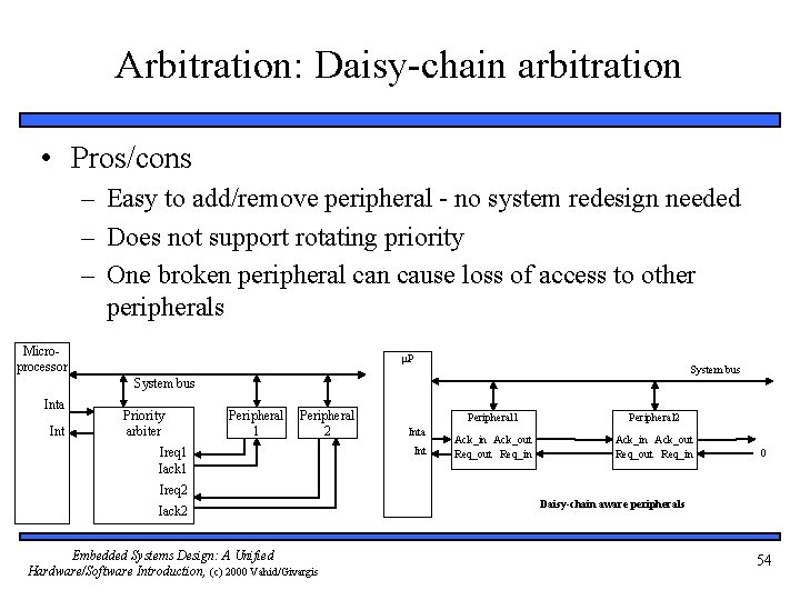 Arbitration: Daisy-chain arbitration • Pros/cons – Easy to add/remove peripheral - no system redesign