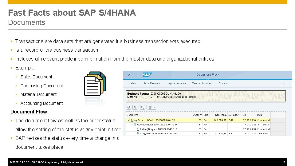 Fast Facts about SAP S/4 HANA Documents § Transactions are data sets that are