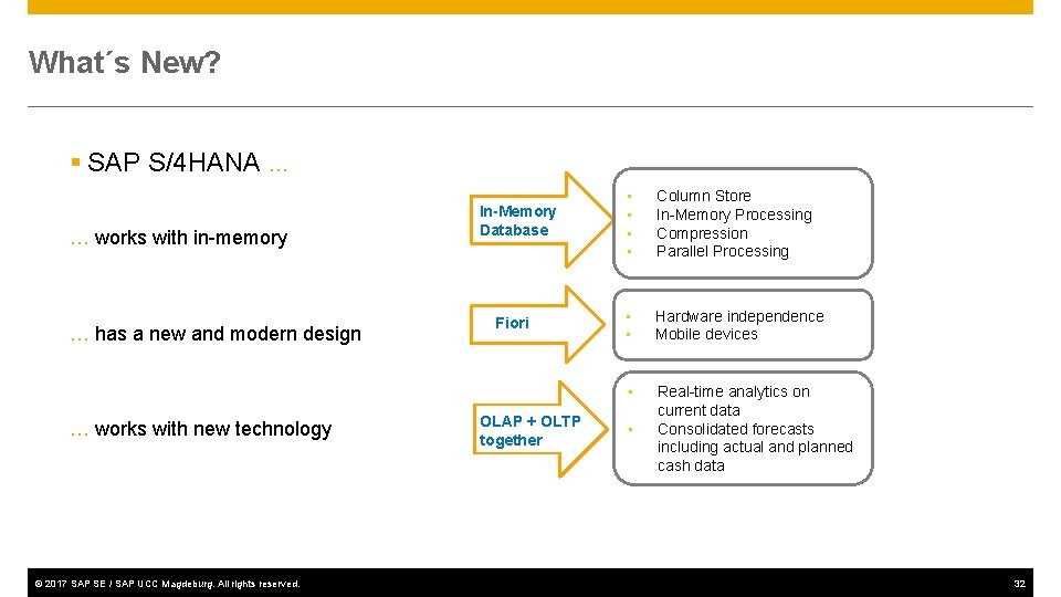 What´s New? § SAP S/4 HANA … … works with in-memory … has a