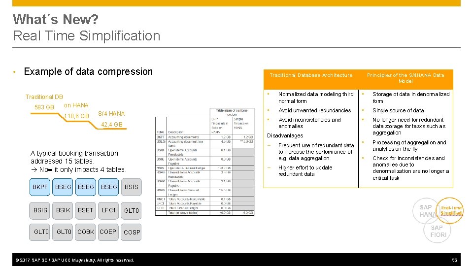 What´s New? Real Time Simplification • Example of data compression Traditional DB 593 GB