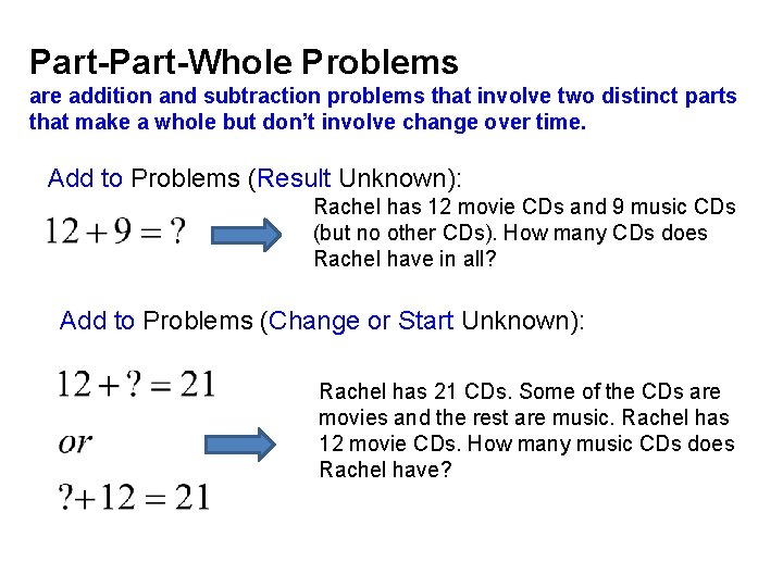 Part-Whole Problems are addition and subtraction problems that involve two distinct parts that make