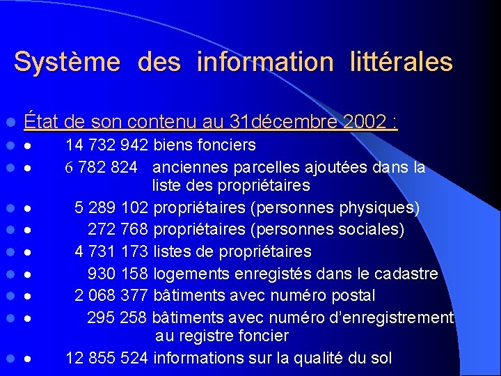  Système des information littérales l État de son contenu au 31 décembre 2002