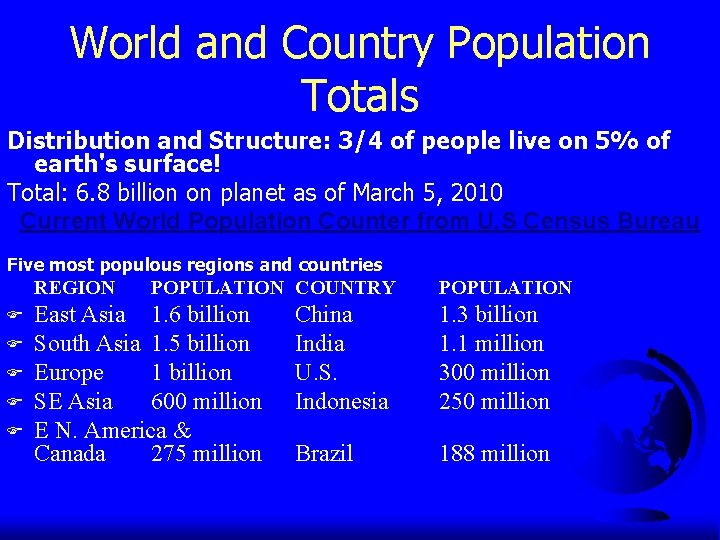 World and Country Population Totals Distribution and Structure: 3/4 of people live on 5%