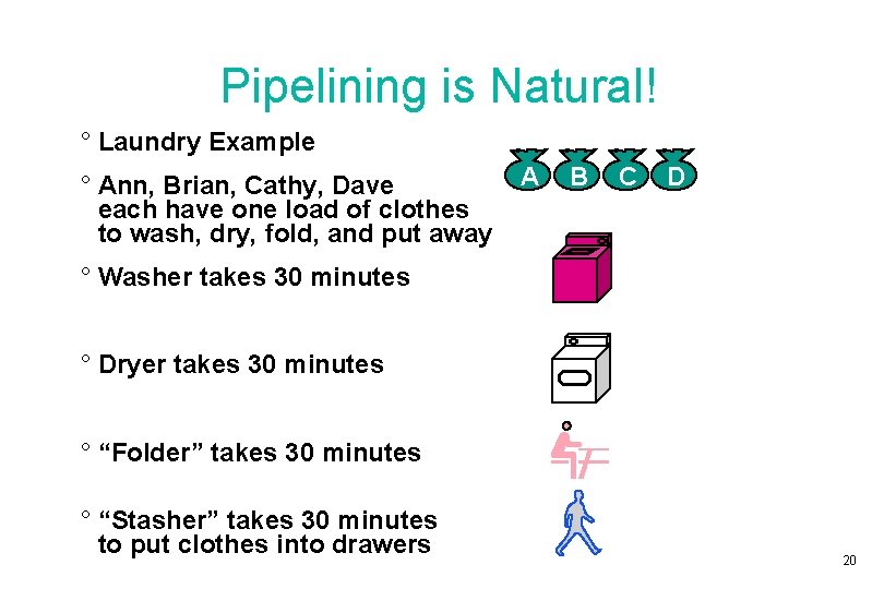 Pipelining is Natural! ° Laundry Example ° Ann, Brian, Cathy, Dave each have one