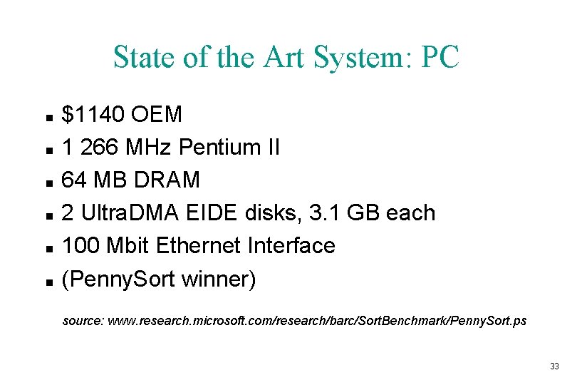 State of the Art System: PC n n n $1140 OEM 1 266 MHz