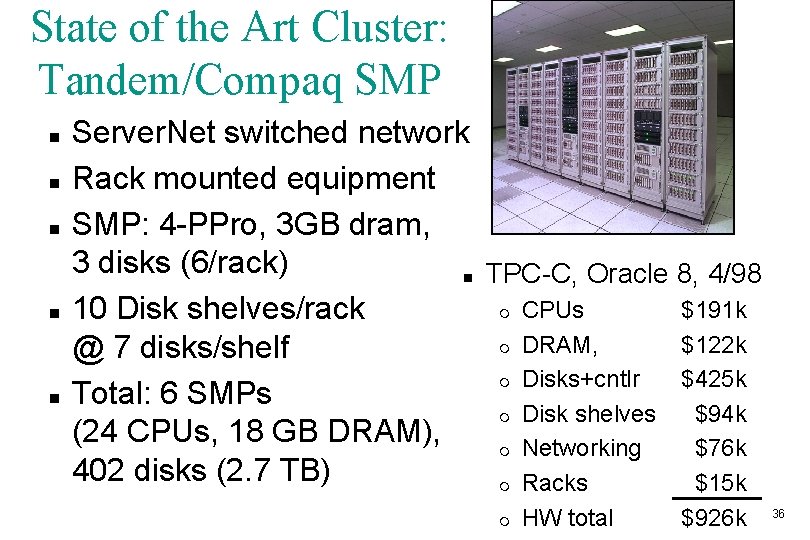 State of the Art Cluster: Tandem/Compaq SMP n n Server. Net switched network Rack