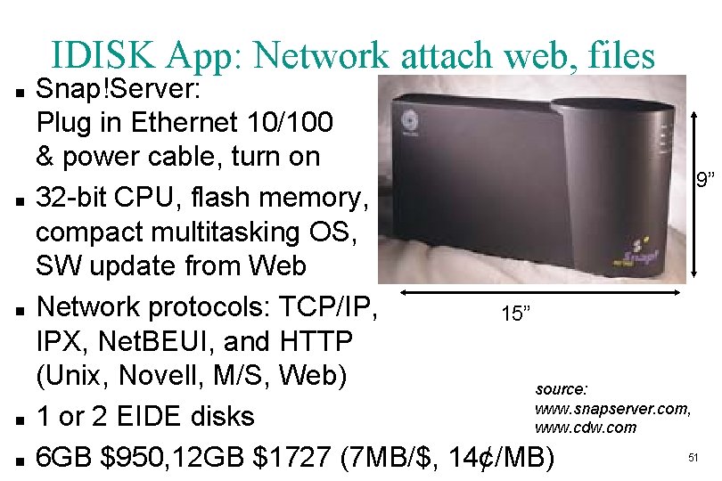 IDISK App: Network attach web, files n n n Snap!Server: Plug in Ethernet 10/100