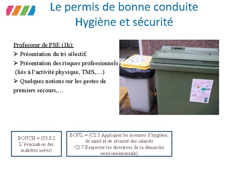Le permis de bonne conduite Hygiène et sécurité Professeur de PSE (1 h): Présentation