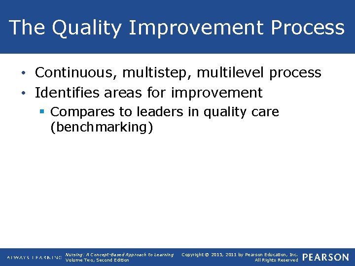 The Quality Improvement Process • Continuous, multistep, multilevel process • Identifies areas for improvement