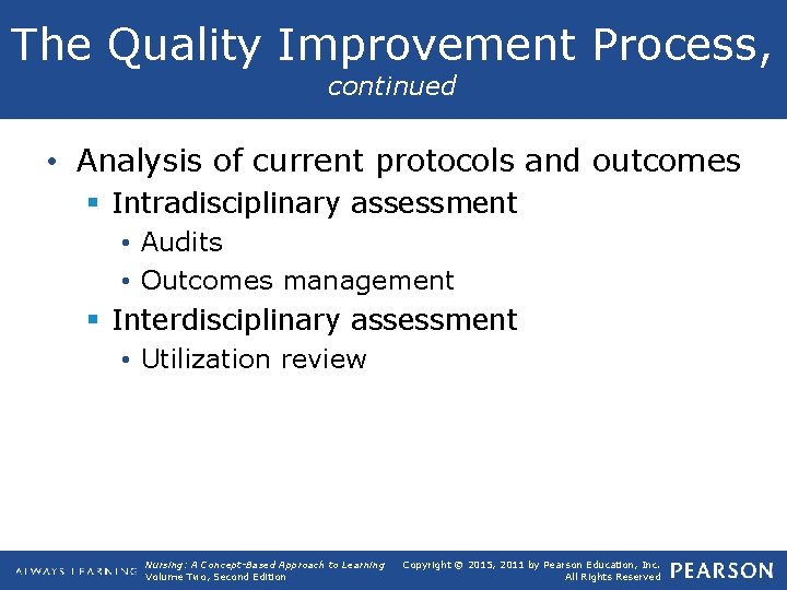 The Quality Improvement Process, continued • Analysis of current protocols and outcomes § Intradisciplinary