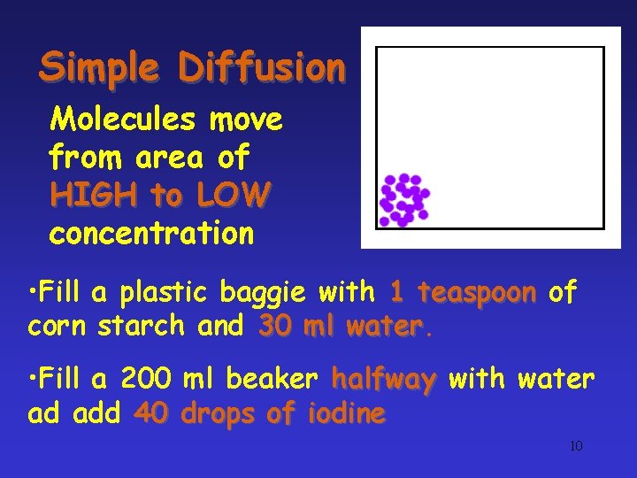 Simple Diffusion Molecules move from area of HIGH to LOW concentration • Fill a Simple Diffusion Molecules move from area of HIGH to LOW concentration • Fill a