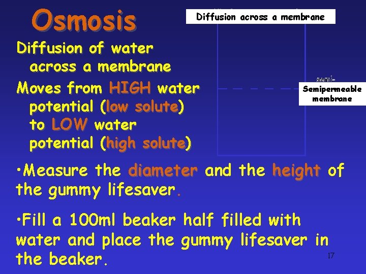 Osmosis Diffusion across a membrane Diffusion of water across a membrane Moves from HIGH Osmosis Diffusion across a membrane Diffusion of water across a membrane Moves from HIGH
