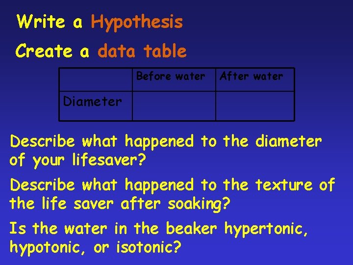 Write a Hypothesis Create a data table Before water After water Diameter Describe what Write a Hypothesis Create a data table Before water After water Diameter Describe what