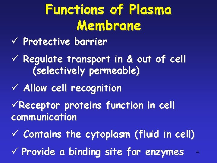 Functions of Plasma Membrane ü Protective barrier ü Regulate transport in & out of Functions of Plasma Membrane ü Protective barrier ü Regulate transport in & out of