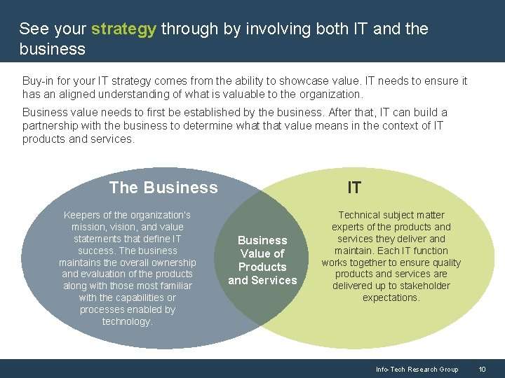 See your strategy through by involving both IT and the business Buy-in for your