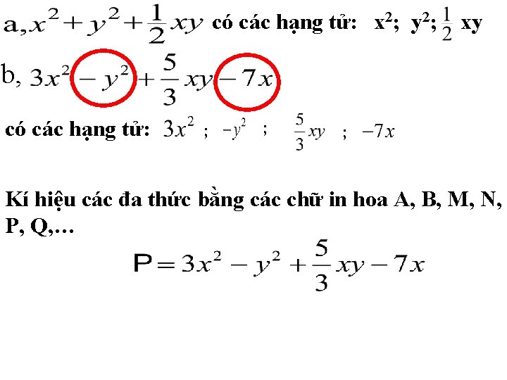 có các hạng tử: x 2; y 2; xy b, có các hạng tử: