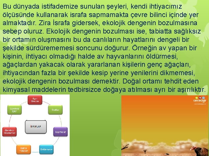 Bu dünyada istifademize sunulan şeyleri, kendi ihtiyacımız ölçüsünde kullanarak israfa sapmamakta çevre bilinci içinde