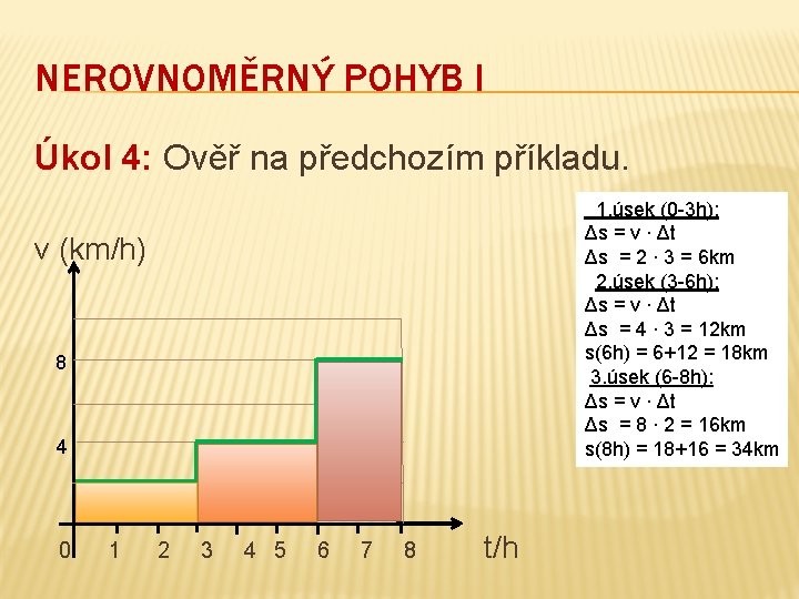 NEROVNOMĚRNÝ POHYB I Úkol 4: Ověř na předchozím příkladu. 1. úsek (0 -3 h):