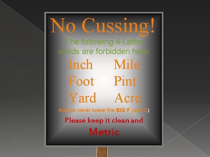 No Cussing! The following 4 -Letter words are forbidden here: Inch Foot Yard Mile