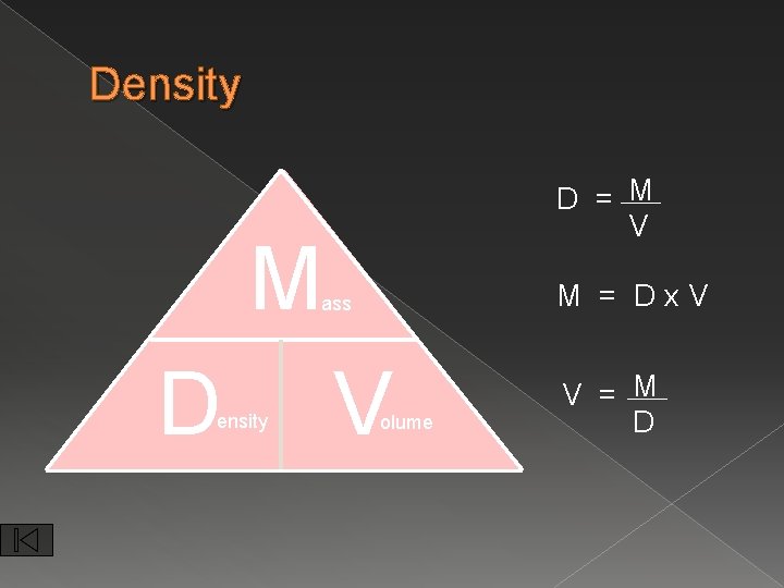 Density D = M V M M = Dx. V ass D ensity V