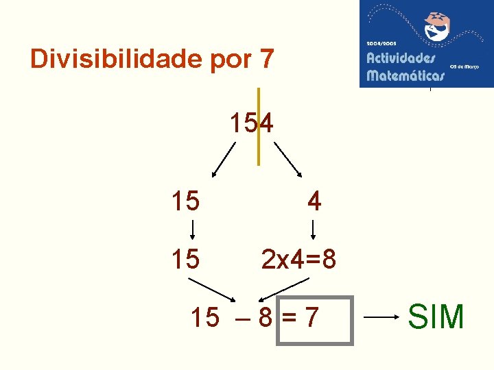 Divisibilidade por 7 154 15 15 4 2 x 4=8 15 – 8 =