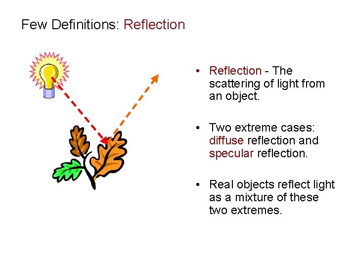 Few Definitions: Reflection • Reflection - The scattering of light from an object. •