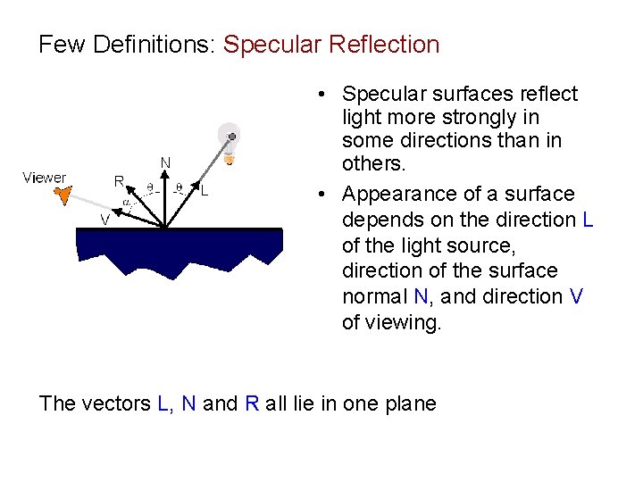 Few Definitions: Specular Reflection • Specular surfaces reflect light more strongly in some directions
