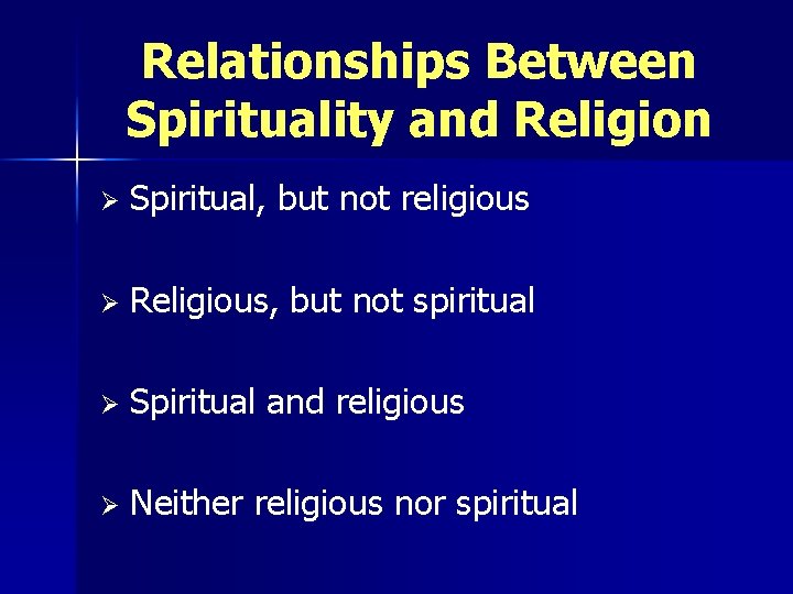 Relationships Between Spirituality and Religion Ø Spiritual, but not religious Ø Religious, but not