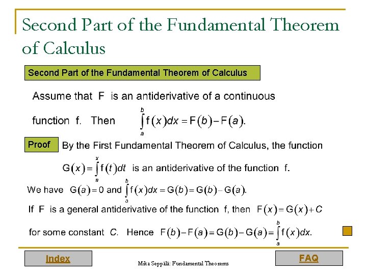 Second Part of the Fundamental Theorem of Calculus Proof Index Mika Seppälä: Fundamental Theorems