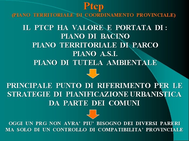 Ptcp (PIANO TERRITORIALE DI COORDINAMENTO PROVINCIALE) IL PTCP HA VALORE E PORTATA DI :